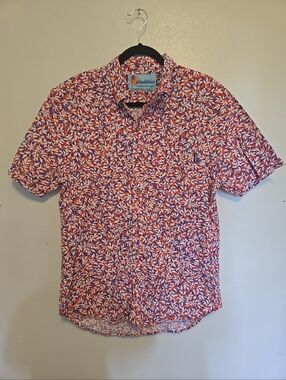 CHUBBIES Short Sleeve Button Down Shirt Slim Fit Red Blue White Leaves Mens L